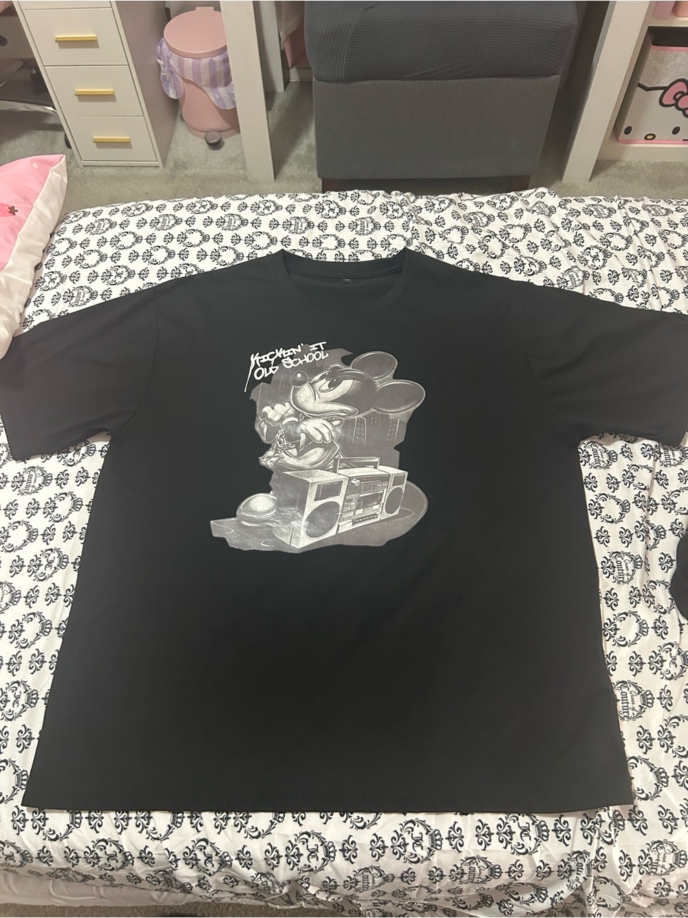 Black Graphic Tee with Silver Cartoon Print